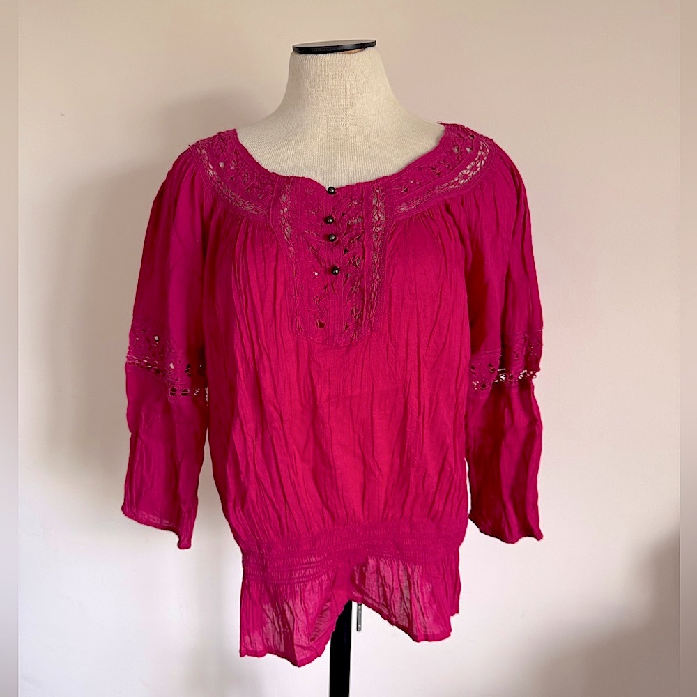 NINE WEST Fuchsia Pink Crochet Blouse Long Sleeve Top Medium NEW WITH TAGS
